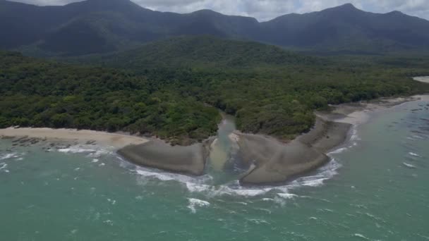 Daintree National Park River Flowing Through The Ocean At Cape Tribulation In QLD, Australia. - aerial pullback