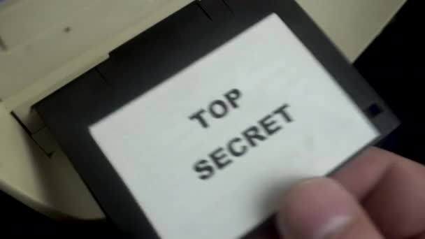 Floppy Disk Top Secret Documents Hand Inserting Diskette Drive Close — Stok video