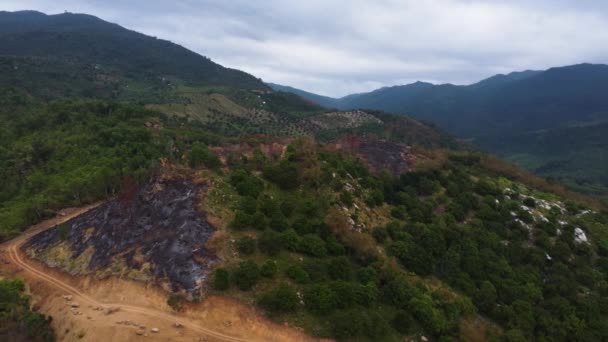 Aerial Circle View Burned Out Patches Mountains Vietnam Deforestation — Stockvideo