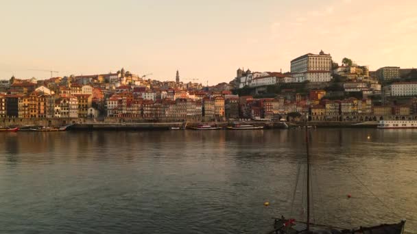 Traditional Wine Barge Moored Gently Flowing Portuguese River Douro Birds — Video Stock