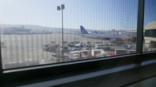 Veduta Degli Aerei Della United Airlines Attraccati Aeroporto San Francisco — Video Stock