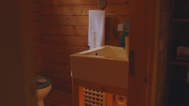 Small Rural Bathroom Isolated Wooden House Reveal — Vídeo de Stock