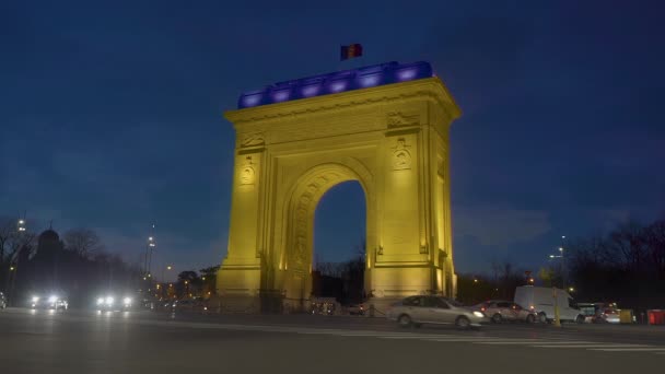 Arch Triumph Lights Blue Yellow Support Ukraine Bucharest Romania — Video Stock