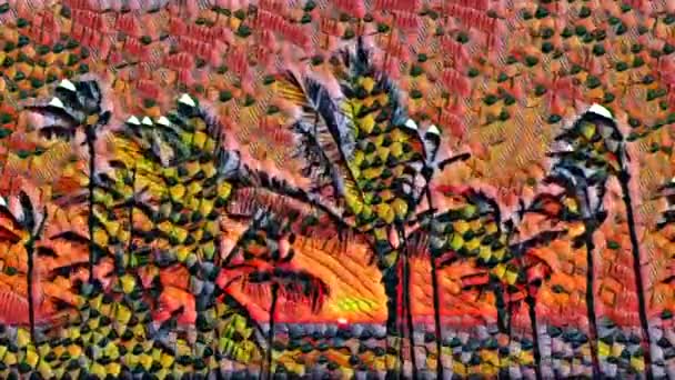 Artistieke Mozaïek Animatie Van Palmbomen Opgewonden Door Wind Bij Zonsondergang — Stockvideo