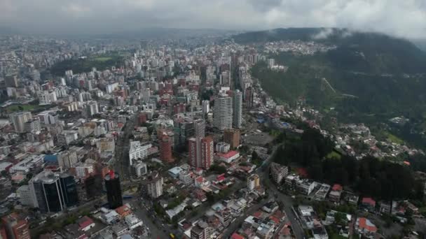 Drone Aerial View Quito Ecuador High Buildings Cityscape Clouds — Stock Video