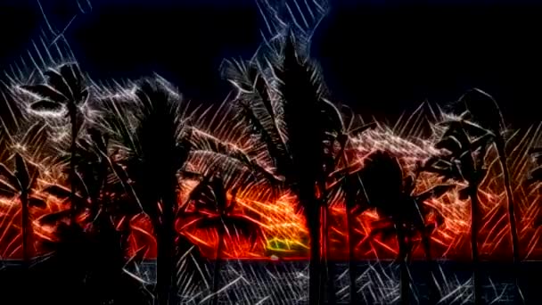 Glowing Lines Animation Palm Trees Agitated Wind Sunset Digital Art — Stok video