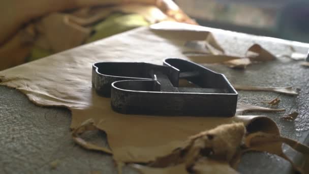 工業用ダイプレスで切断されている革の閉鎖 製造ファッション手袋 — ストック動画