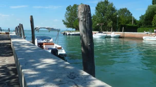 イタリアの青い海に浮かぶ素晴らしい桟橋 ヴェネツィアの近く カナレ ポルトセコ 小さなボートが青い空のパンで美しい晴れた夏の日にすべての極を見ました — ストック動画