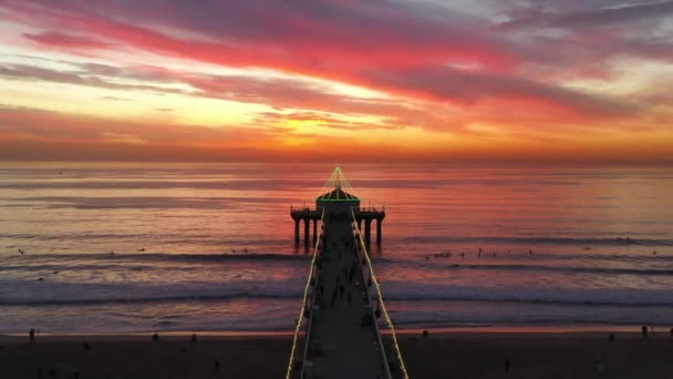 Manhattan Beach Pier Dramatic Sunset Horizon Kalifornii Stany Zjednoczone Szeroki — Wideo stockowe