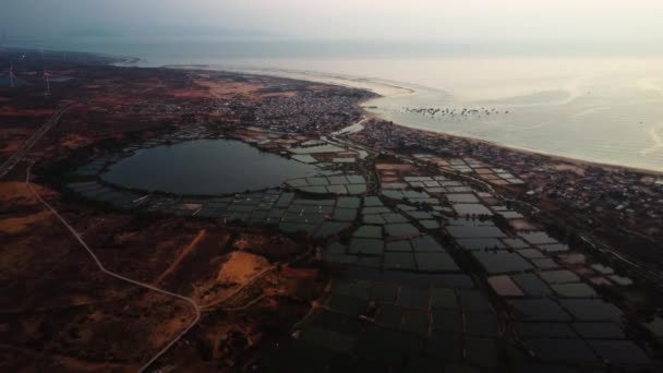 Scenic Aerial View Shrimp Farm Ponds Son Hai Coast Vietnam — стоковое видео