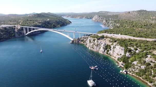 Sibenik Bridge Krka River Dalmácia Horvátország Scenic Aerial Drone View — Stock videók