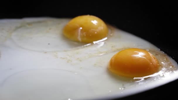 Extreme Close Sunny Side Eggs Cooking Pan Sprinkled Salt Pepper — Video Stock