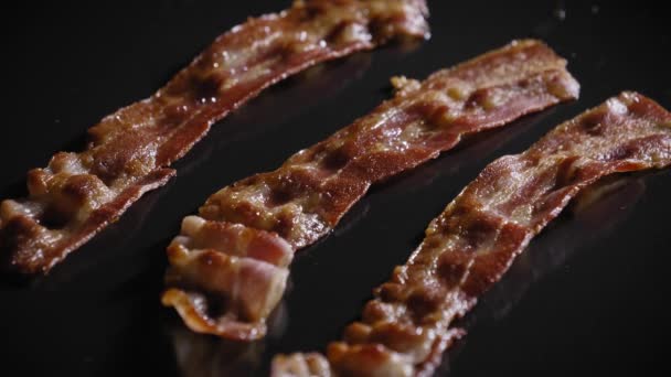 Fried Bacon Strips Breakfast Close Zoom — Stock video
