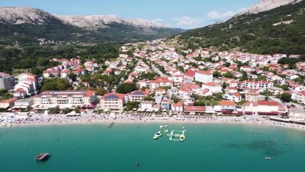Baska Beach Krk Island Croatia Aerial Drone View Seaside Resort — стоковое видео