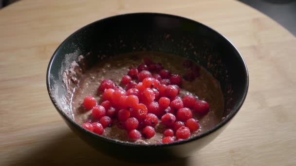 Close Shot Tracking Low Calorie Protein Pudding Topped Sweet Tasty — Stock Video