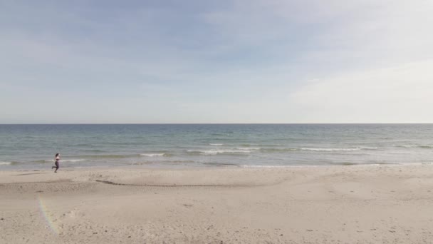 Young Healthy Woman Jogging Tropical Beach Ocean Horizon Jogging Left — Vídeo de Stock