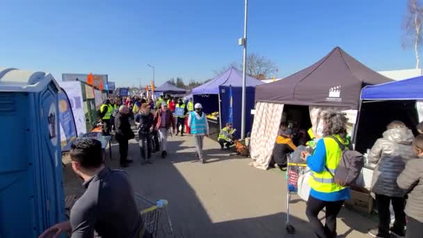 ポーランド ウクライナ税関国境の国境越えでのウクライナ難民危機を支援するボランティア — ストック動画