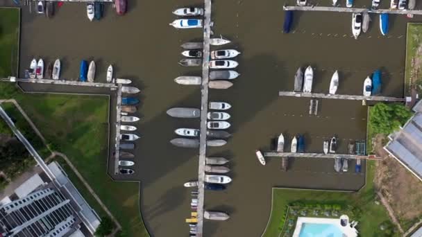 Drone Rotation Dozens Ships Berthed Dock Private Club — Stock Video