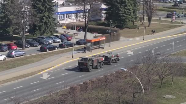 Military Trailer Truck Driving Rzeszow Streets Passing Group Kids Sidewalk — Stock Video