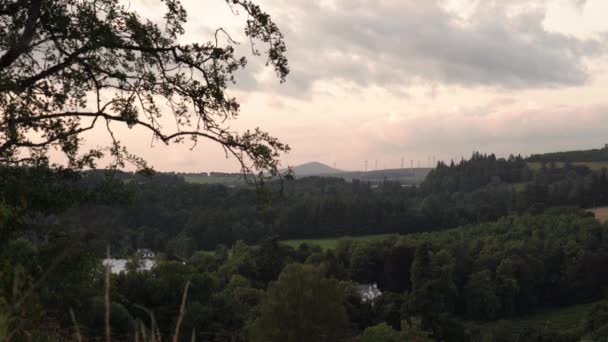 Landschaft Mit Beerenbauernhof Und Hang Mit Windkraftanlage — Stockvideo