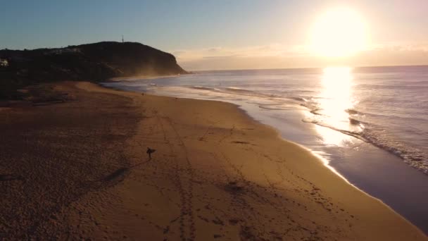 Drone Tiro Aéreo Surfista Andando Praia Com Manhã Nascer Sol — Vídeo de Stock