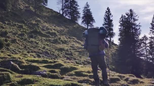 Backpacker Trekking Valle — Vídeos de Stock