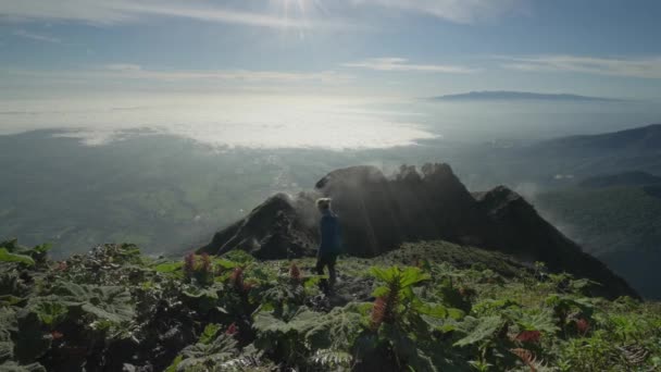 Femme Randonneuse Descendant Pente Montagne Avec Une Végétation Verte Volcan — Video