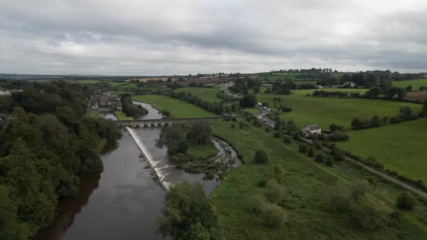 Drone Grande Fiume Che Scorre Sotto Vecchio Ponte Circondato Campi — Video Stock