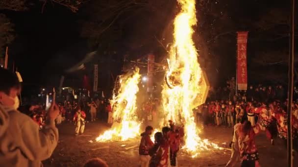 Fire Festival Hachiman Shrine Night Flames Rising Bonfire — Stock video