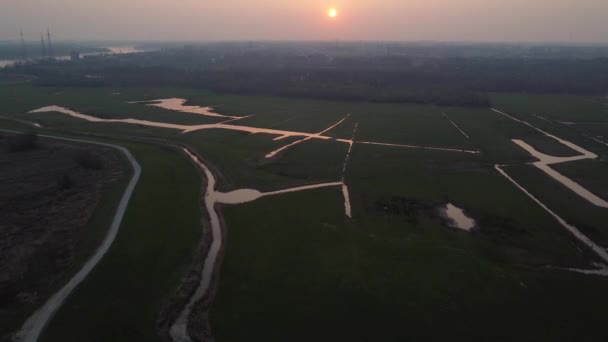 Lines Farmland Canals Water Reflecting Sunshine Aerial View Belgium Sunset — Vídeo de Stock