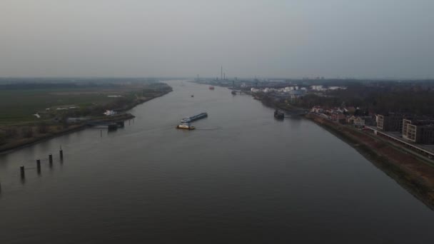 Two Industrial Transport Boats Passing Each Other River Scheldt Aerial — Stock Video