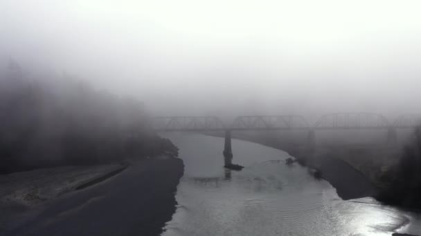 Vlakové Kočáry Nad Řekou Úhoř Kalifornii Mlhavá Krajina Dron Vpřed — Stock video