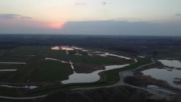 Majestic Belgium Flooded Fields Revealing Industrial Cargo Boats Aerial Fly — Stockvideo