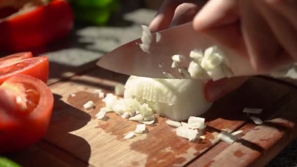 Person Slicing White Onion Small Dice Close — Wideo stockowe