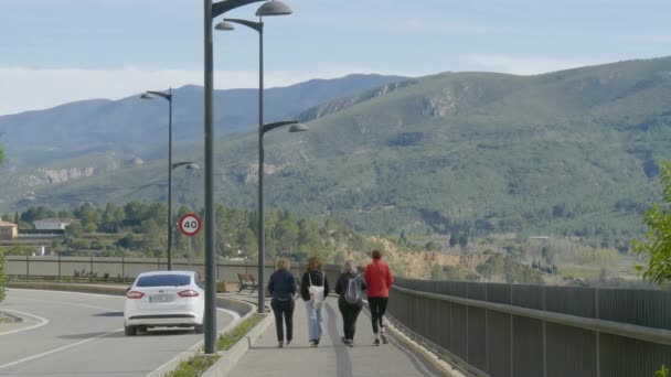 4人の女性が背景に大きな山の景色を望む通りを歩いている — ストック動画