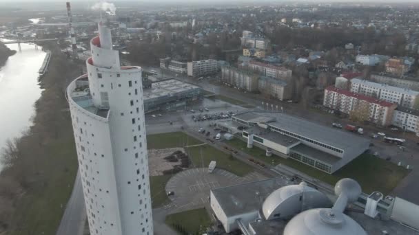 Drone Shot Tartu Center Snail Tower Ahhaa Science Center Aura — стокове відео