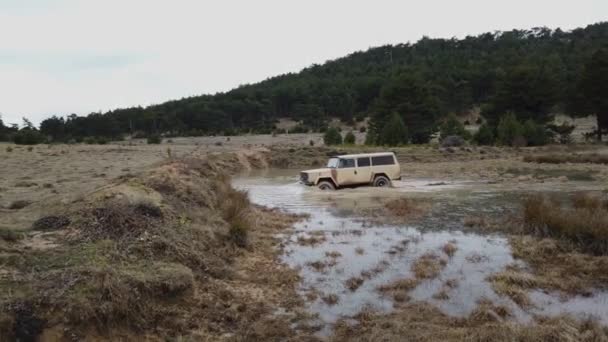 Old Cream Colored Offroad Car Crossing Puddle — Stock video