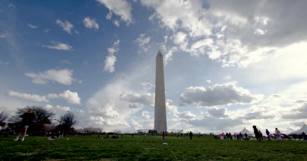 位于华盛顿纪念碑前的草地上的人们 背景上有着巨大的云彩景观 一个超宽的镜头 — 图库视频影像