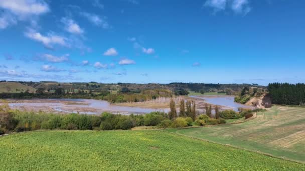 Fly Flooded Rangitikei River Verdant Farmland New Zealand — Stok video