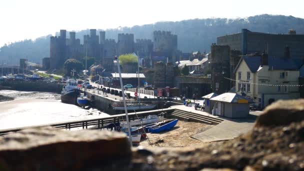 Overlooking Conwy Castle Walled Town Fishing Harbour Sunny Hazy Morning — Stockvideo