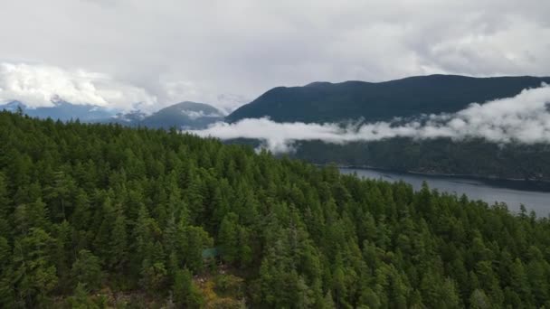 曼萨尼塔小屋坐落在加拿大不列颠哥伦比亚省阳光海岸小道上的一座茂密的森林山的一侧 空投铅球 — 图库视频影像