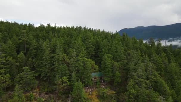 位于加拿大不列颠哥伦比亚省阳光海岸小径繁茂的森林群山深处的古朴而偏僻的曼萨尼塔小屋 空投铅球 — 图库视频影像