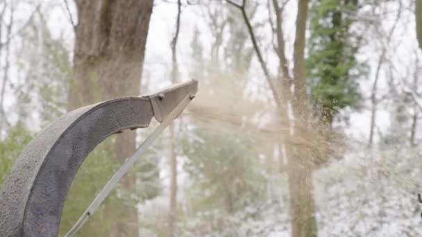 Woodchipper Machine Discharge Spout Releasing Chopped Saw Dust Wood Chips — Stok video