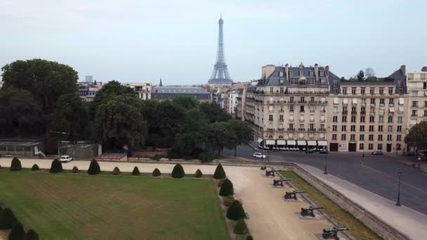 兔子在Les Invalides前面的草坪上奔跑法国巴黎房屋上方的埃菲尔铁塔 — 图库视频影像