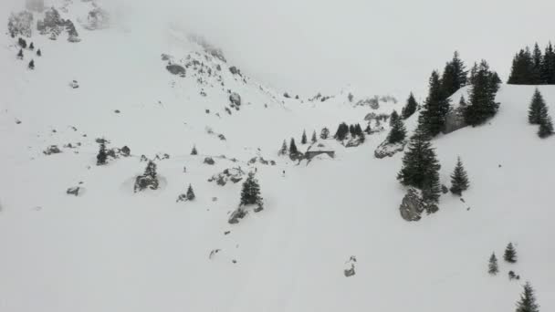 雪に覆われた山の斜面にスキーヤーの上を飛ぶドローン — ストック動画