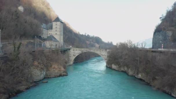 Aerial Old Bridge Crossing Wild Blue River Small Castle Located — Stock Video