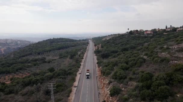 Aerial Footage Large Highway Mountains Pine Forest Drone View Israel — Stock Video