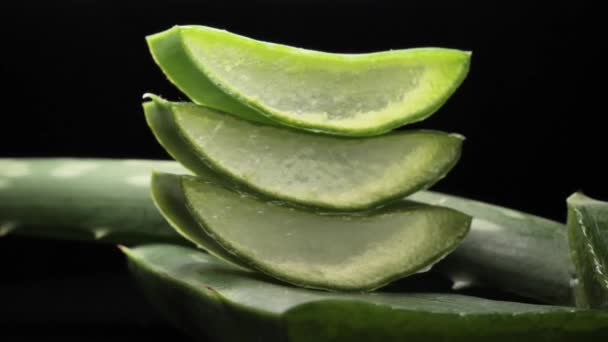 Fresh Aloe Vera Sliced Black Background Green Herb Concept Cosmetic — Vídeo de stock