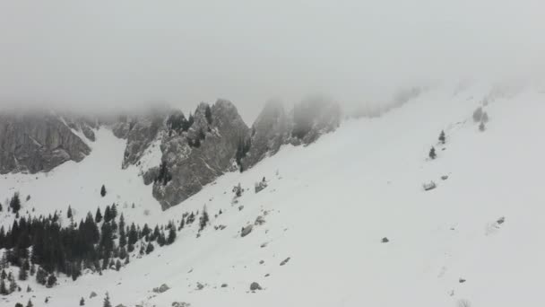 厚い霧の中で雪に覆われた山の峰の空中 — ストック動画