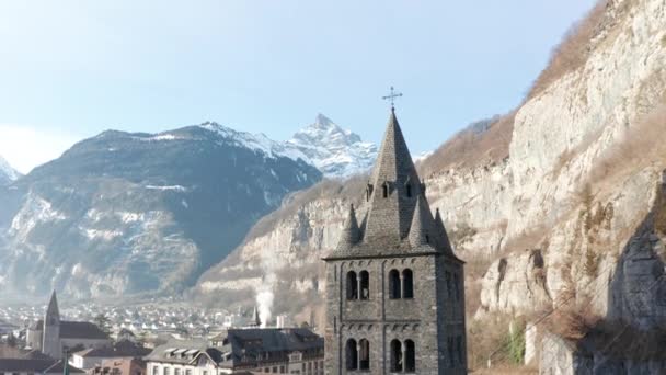 Drone Flying Away Beautiful Old Church Tower Idyllic Small Town — Video